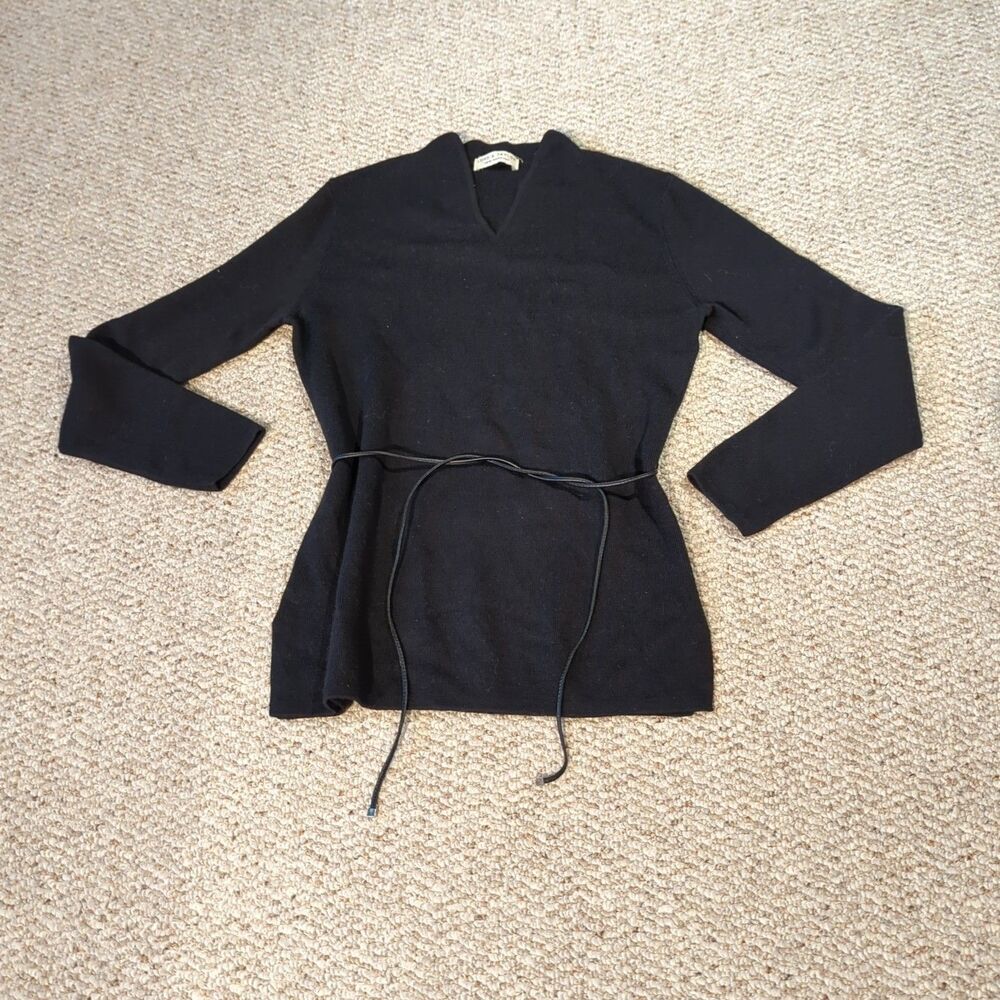 Lord & Taylor Italian Merino Wool Sweater Womens Medium Black V Neck Belted